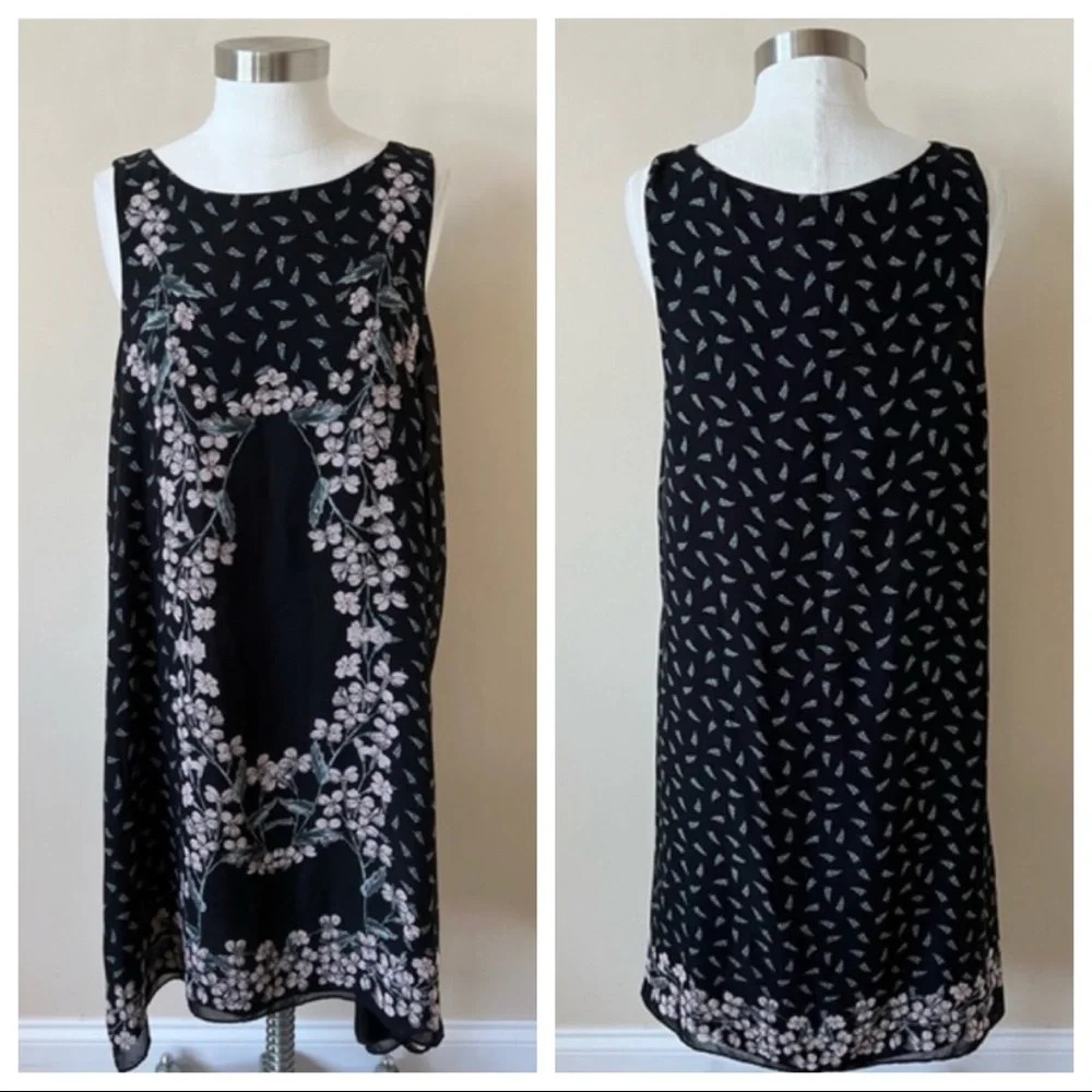 Max Studio patterned chiffon dress floral leaf black shift 5259